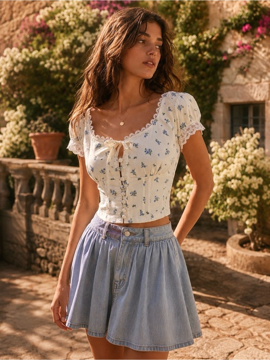 Blu Pepper Tops - Blu Pepper NWT Floral Lace Trim Corset Crop Top Ivory Blue Size S